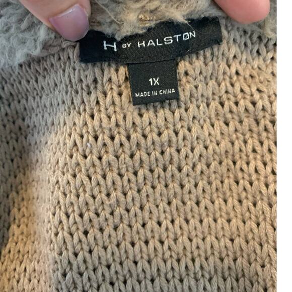 Halston sand brown drape front waterfall suede sweater coat size 1X - Picture 3 of 11